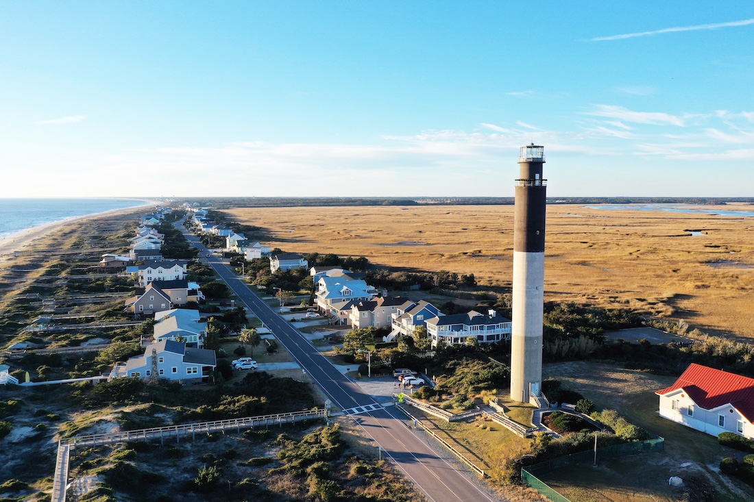 Oak Island Lighthouse and homes nearby